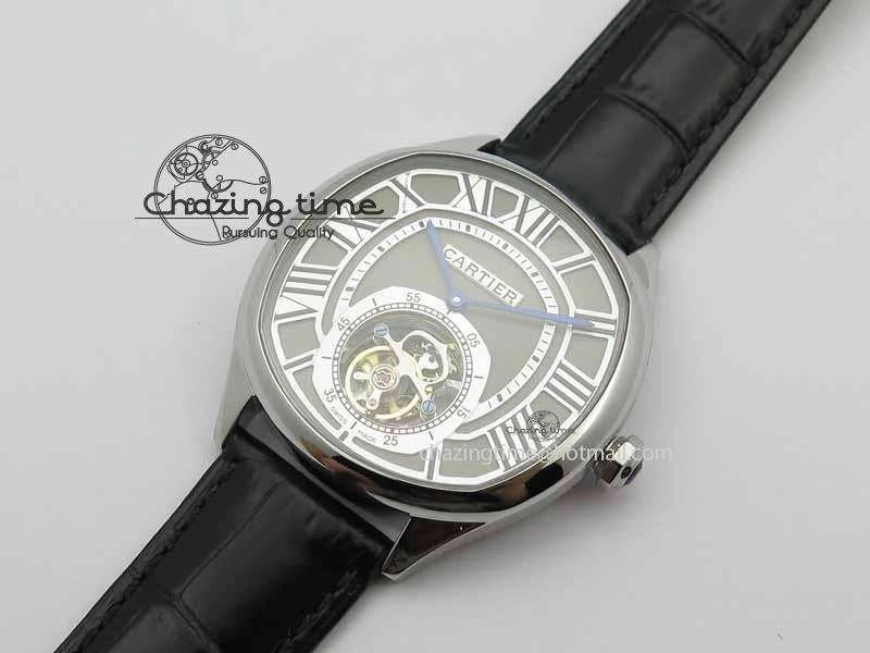 Drive De Cartier Tourbillon SS TF Best Edition Gray Textured Dial On Black Leather Strap Comfortable 6297