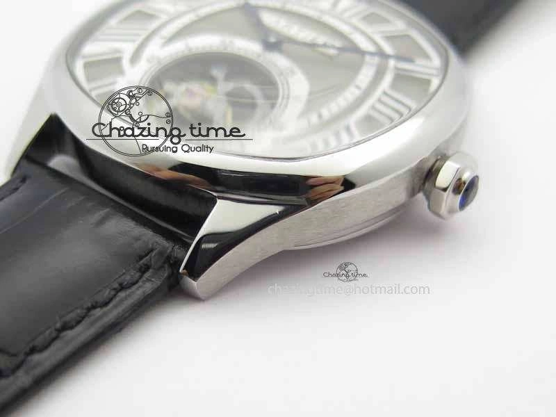 Drive De Cartier Tourbillon SS TF Best Edition Gray Textured Dial On Black Leather Strap Comfortable 6297