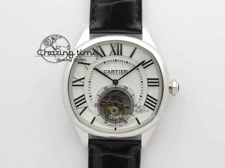 Drive De Cartier Tourbillon SS TF Best Edition White Textured Dial On Black Leather Strap Timeless 6298