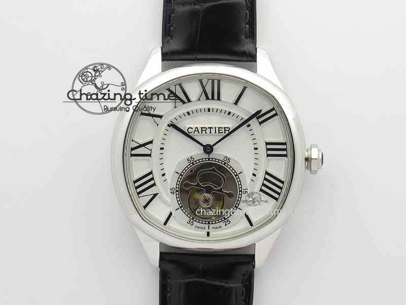 Drive De Cartier Tourbillon SS TF Best Edition White Textured Dial On Black Leather Strap Timeless 6298