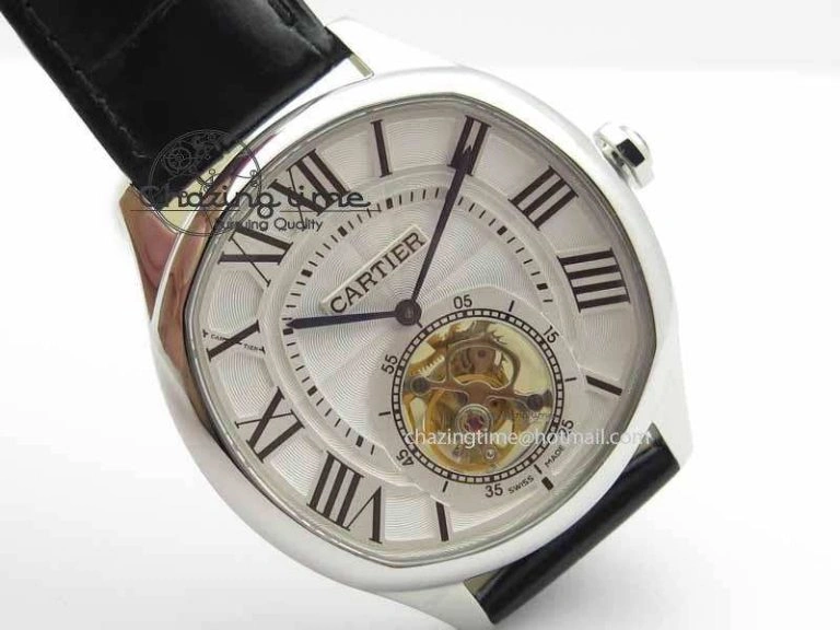 Drive De Cartier Tourbillon SS TF Best Edition White Textured Dial On Black Leather Strap Timeless 6298