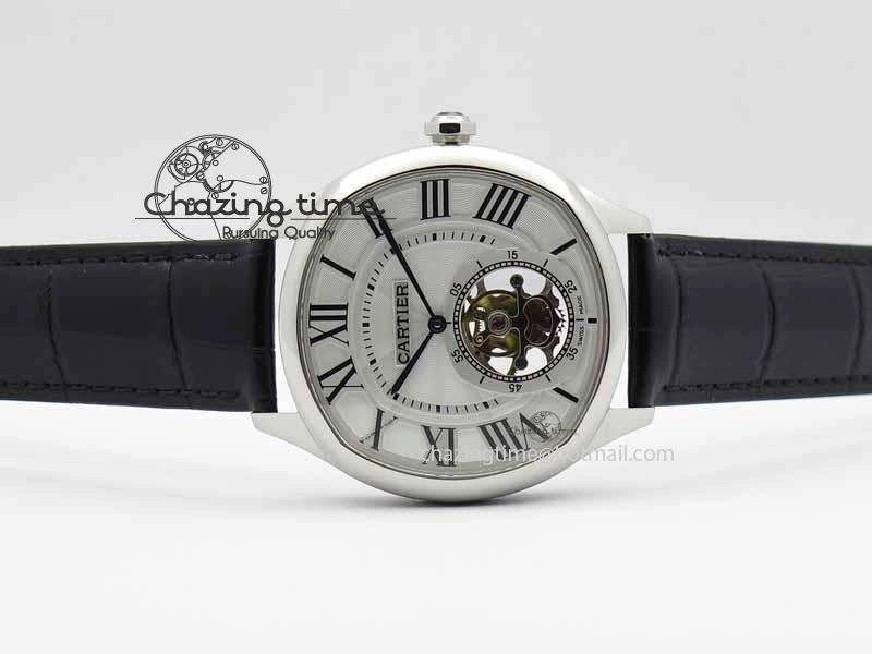 Drive De Cartier Tourbillon SS TF Best Edition White Textured Dial On Black Leather Strap Timeless 6298