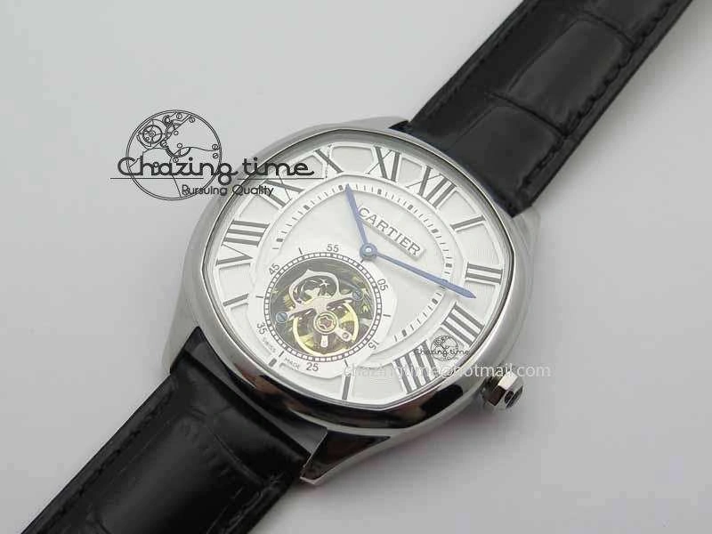 Drive De Cartier Tourbillon SS TF Best Edition White Textured Dial On Black Leather Strap Timeless 6298