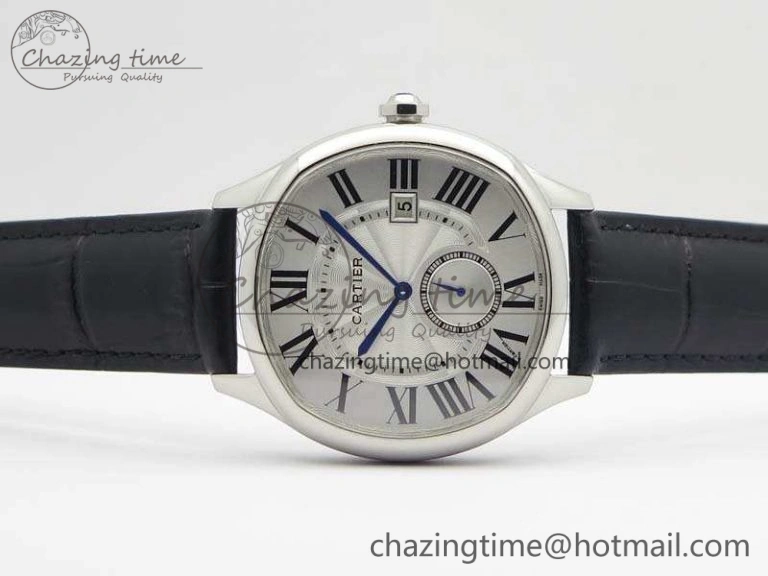 HighQuality Drive de Cartier SS TF 1:1 Best Edition White Textured Dial On Black Leather Strap A23J 6276