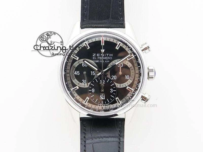 SportInspired El Primero Chrono SS AXF Black Dial on Black Leather Strap A 10045