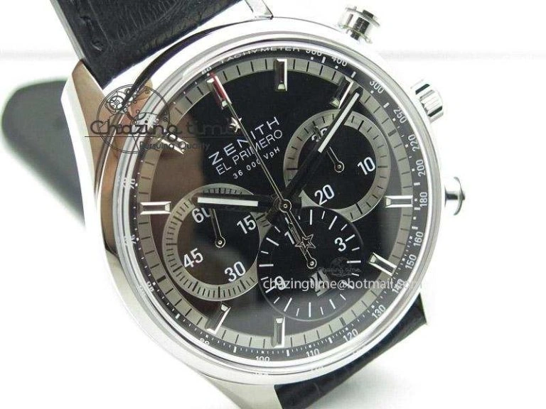 SportInspired El Primero Chrono SS AXF Black Dial on Black Leather Strap A 10045