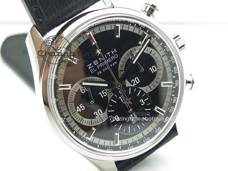 SportInspired El Primero Chrono SS AXF Black Dial on Black Leather Strap A 10045