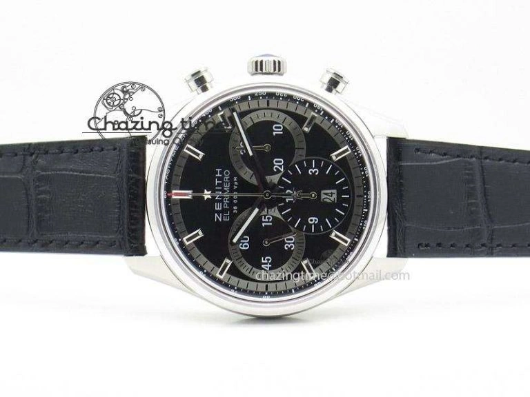 SportInspired El Primero Chrono SS AXF Black Dial on Black Leather Strap A 10045
