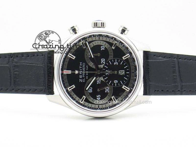 SportInspired El Primero Chrono SS AXF Black Dial on Black Leather Strap A 10045