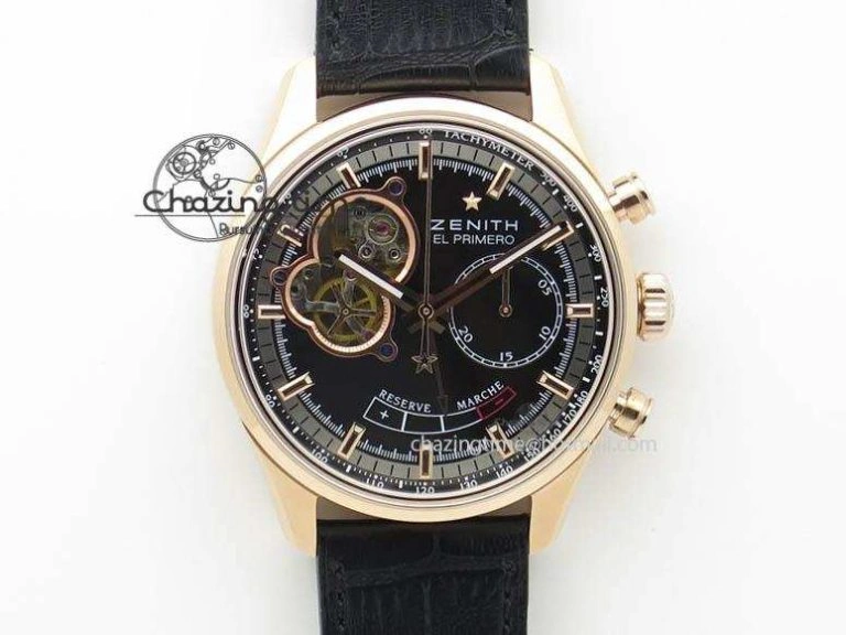 Durable El Primero RG AXF Black Dial on Black Leather Strap Asian Manual Winding Chronograph Movement 10047