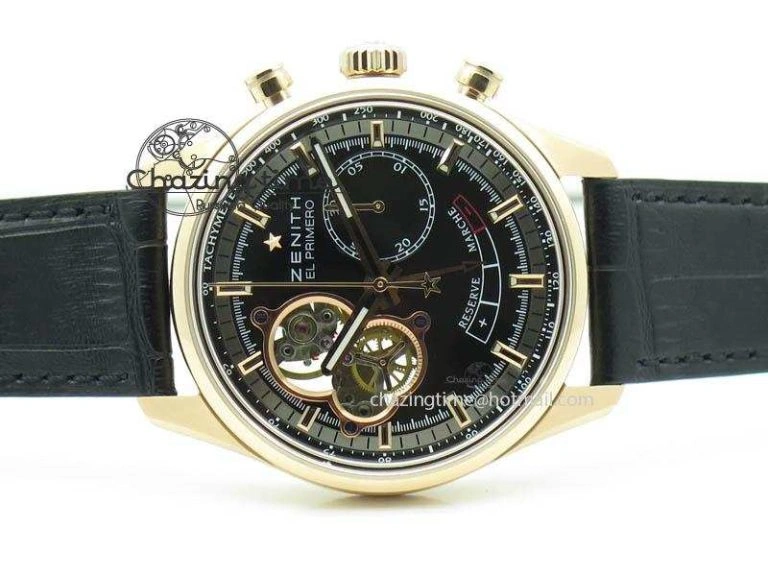 Durable El Primero RG AXF Black Dial on Black Leather Strap Asian Manual Winding Chronograph Movement 10047