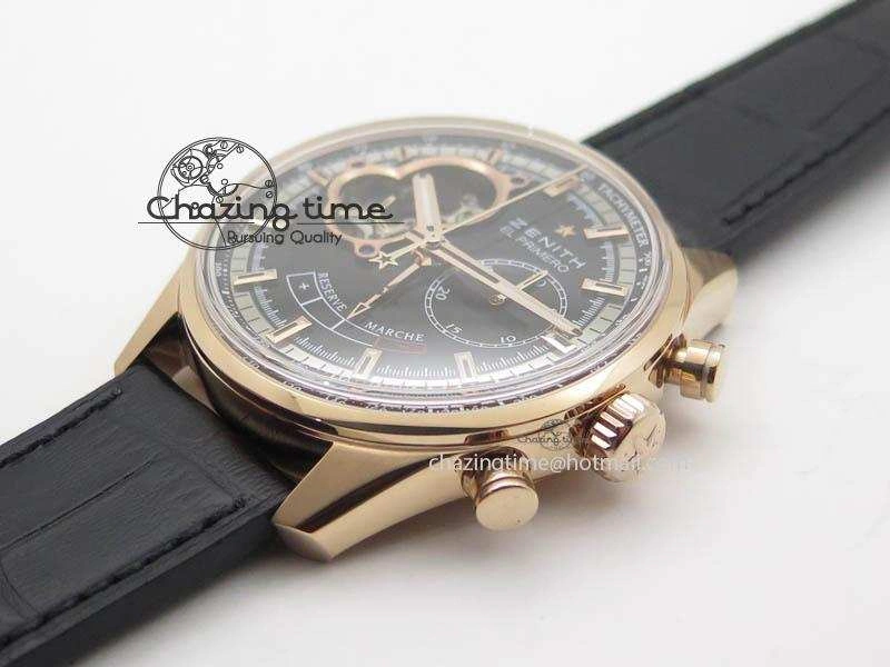 Durable El Primero RG AXF Black Dial on Black Leather Strap Asian Manual Winding Chronograph Movement 10047