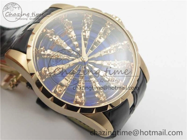 BestValue Excalibur Knights of the Round Table II RG ZZF Blue Gold Crystal Dial on Black Leather Strap MIYOTA 9596