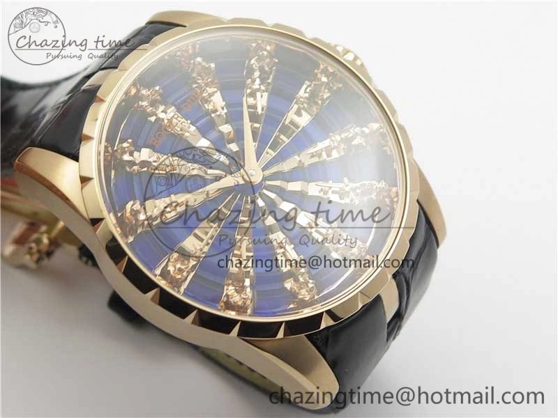 BestValue Excalibur Knights of the Round Table II RG ZZF Blue Gold Crystal Dial on Black Leather Strap MIYOTA 9596