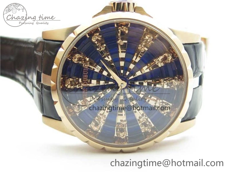 BestValue Excalibur Knights of the Round Table II RG ZZF Blue Gold Crystal Dial on Black Leather Strap MIYOTA 9596