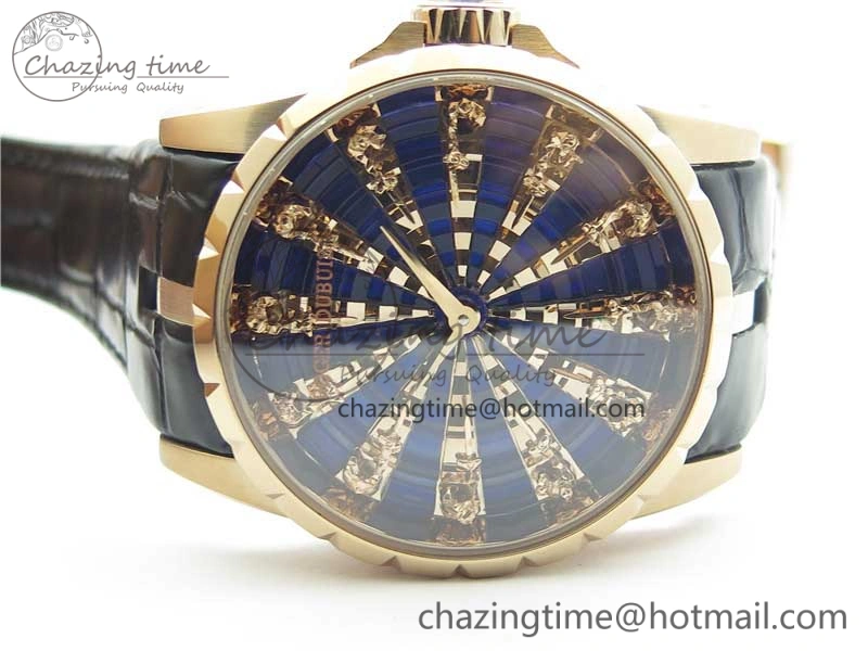 BestValue Excalibur Knights of the Round Table II RG ZZF Blue Gold Crystal Dial on Black Leather Strap MIYOTA 9596