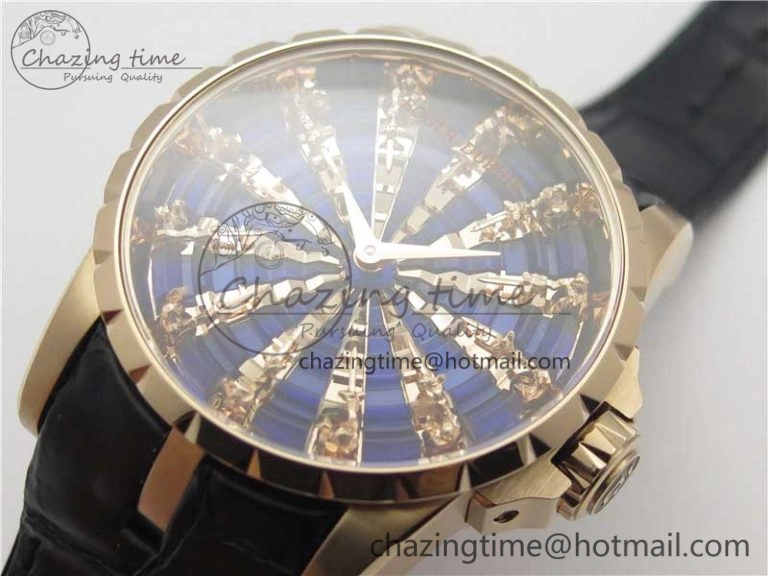 BestValue Excalibur Knights of the Round Table II RG ZZF Blue Gold Crystal Dial on Black Leather Strap MIYOTA 9596