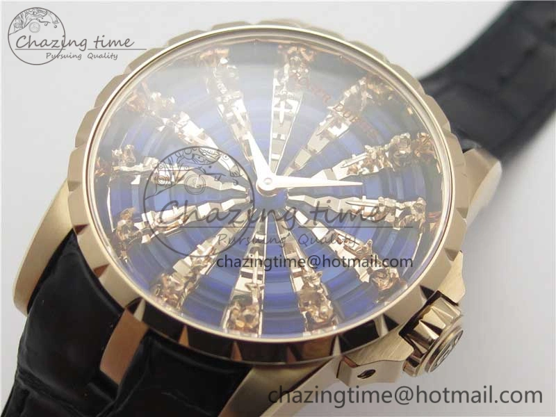 BestValue Excalibur Knights of the Round Table II RG ZZF Blue Gold Crystal Dial on Black Leather Strap MIYOTA 9596