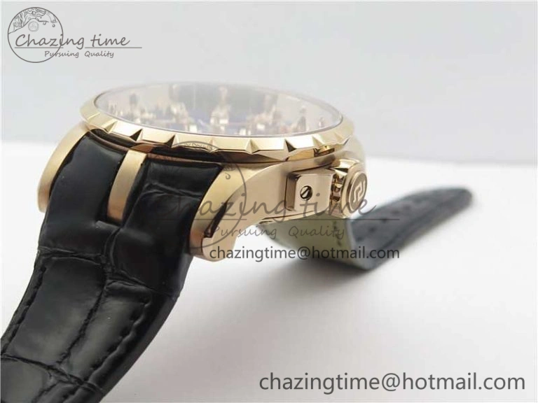 BestValue Excalibur Knights of the Round Table II RG ZZF Blue Gold Crystal Dial on Black Leather Strap MIYOTA 9596