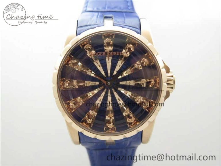 Excalibur Knights of the Round Table II RG ZZF Blue Gold Crystal Dial on Black Leather Strap MIYOTA ZeroBulk 9595