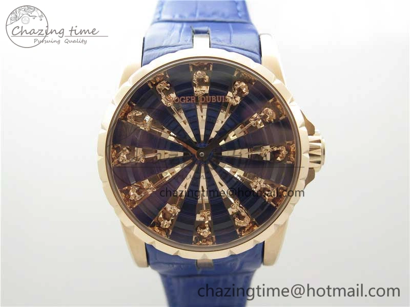 Excalibur Knights of the Round Table II RG ZZF Blue Gold Crystal Dial on Black Leather Strap MIYOTA ZeroBulk 9595