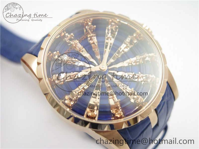 Excalibur Knights of the Round Table II RG ZZF Blue Gold Crystal Dial on Black Leather Strap MIYOTA ZeroBulk 9595
