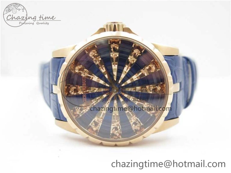 Excalibur Knights of the Round Table II RG ZZF Blue Gold Crystal Dial on Black Leather Strap MIYOTA ZeroBulk 9595