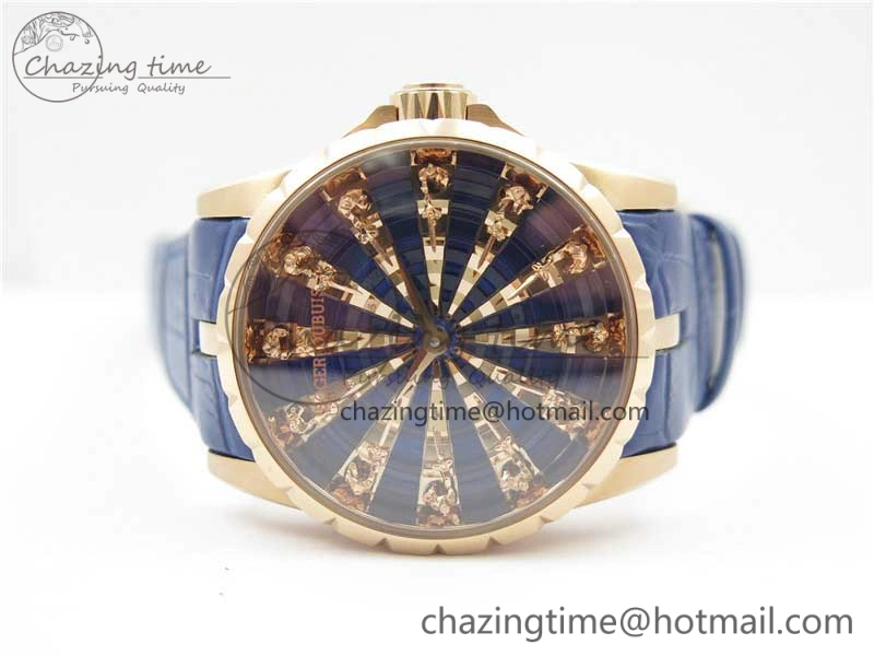 Excalibur Knights of the Round Table II RG ZZF Blue Gold Crystal Dial on Black Leather Strap MIYOTA ZeroBulk 9595