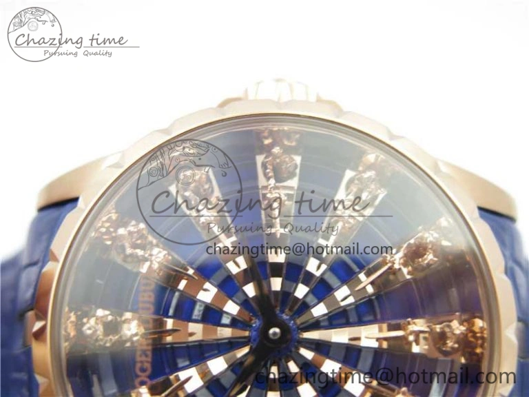 Excalibur Knights of the Round Table II RG ZZF Blue Gold Crystal Dial on Black Leather Strap MIYOTA ZeroBulk 9595