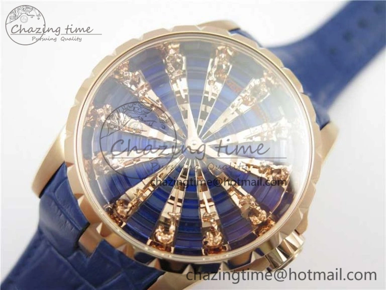 Excalibur Knights of the Round Table II RG ZZF Blue Gold Crystal Dial on Black Leather Strap MIYOTA ZeroBulk 9595