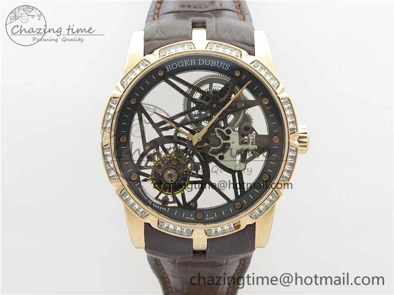 Excalibur Rddbex0393 RG Crystal Bezel BBR Best Edition Skeleton Dial on Brown Leather Strap A2136 Tourbillon V Vibrant 9590