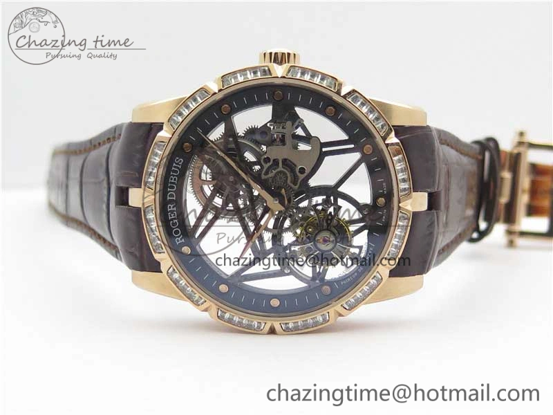 Excalibur Rddbex0393 RG Crystal Bezel BBR Best Edition Skeleton Dial on Brown Leather Strap A2136 Tourbillon V Vibrant 9590