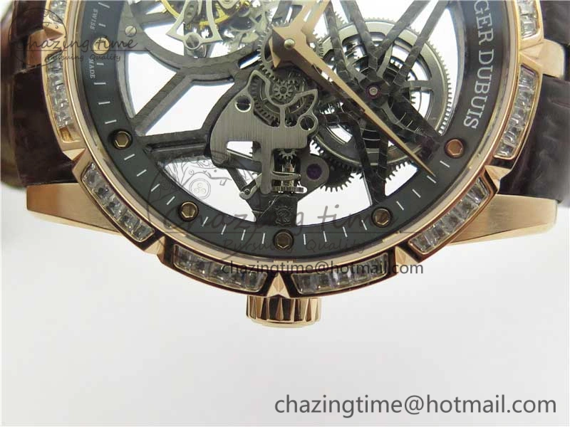 Excalibur Rddbex0393 RG Crystal Bezel BBR Best Edition Skeleton Dial on Brown Leather Strap A2136 Tourbillon V Vibrant 9590