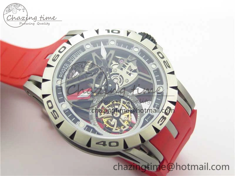 Excalibur Sports Tourbillon SS JBF Best Edition Skeleton Black Dial on Red Rubber Strap Casual 9600