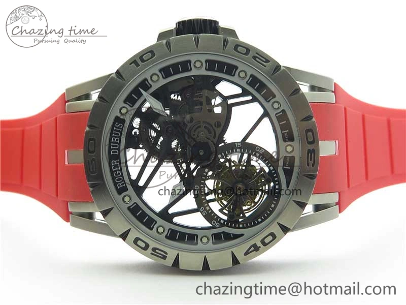 Excalibur Sports Tourbillon SS JBF Best Edition Skeleton Black Dial on Red Rubber Strap Casual 9600