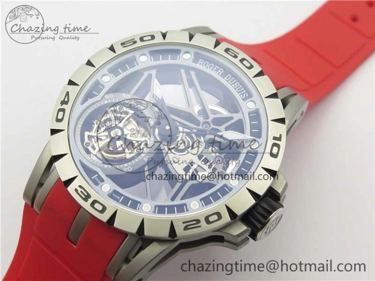 Excalibur Sports Tourbillon SS JBF Best Edition Skeleton Black Dial on Red Rubber Strap Casual 9600