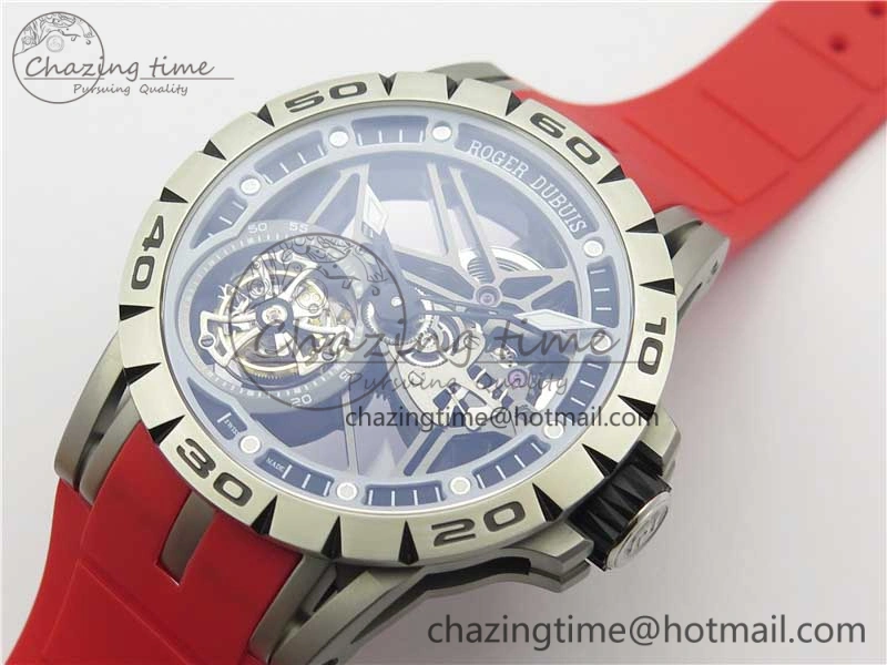 Excalibur Sports Tourbillon SS JBF Best Edition Skeleton Black Dial on Red Rubber Strap Casual 9600