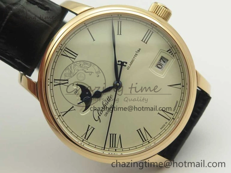 SoftTouch Excellence Panorama 40mm Date Moon Phase RG ETC Marker 1:1 Best Edition White Dial on Black Leather Strap A 6633