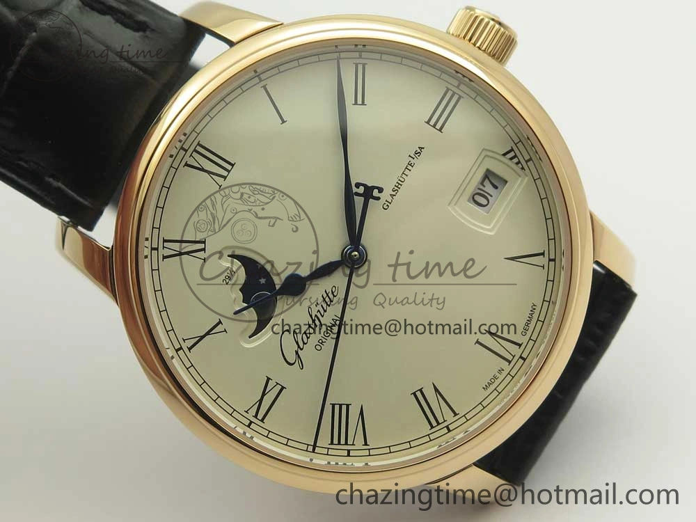 SoftTouch Excellence Panorama 40mm Date Moon Phase RG ETC Marker 1:1 Best Edition White Dial on Black Leather Strap A 6633
