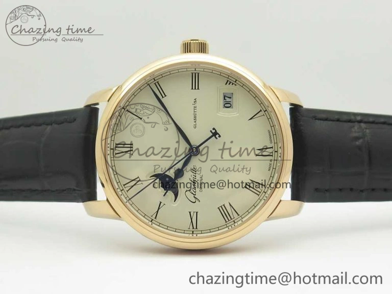 SoftTouch Excellence Panorama 40mm Date Moon Phase RG ETC Marker 1:1 Best Edition White Dial on Black Leather Strap A 6633