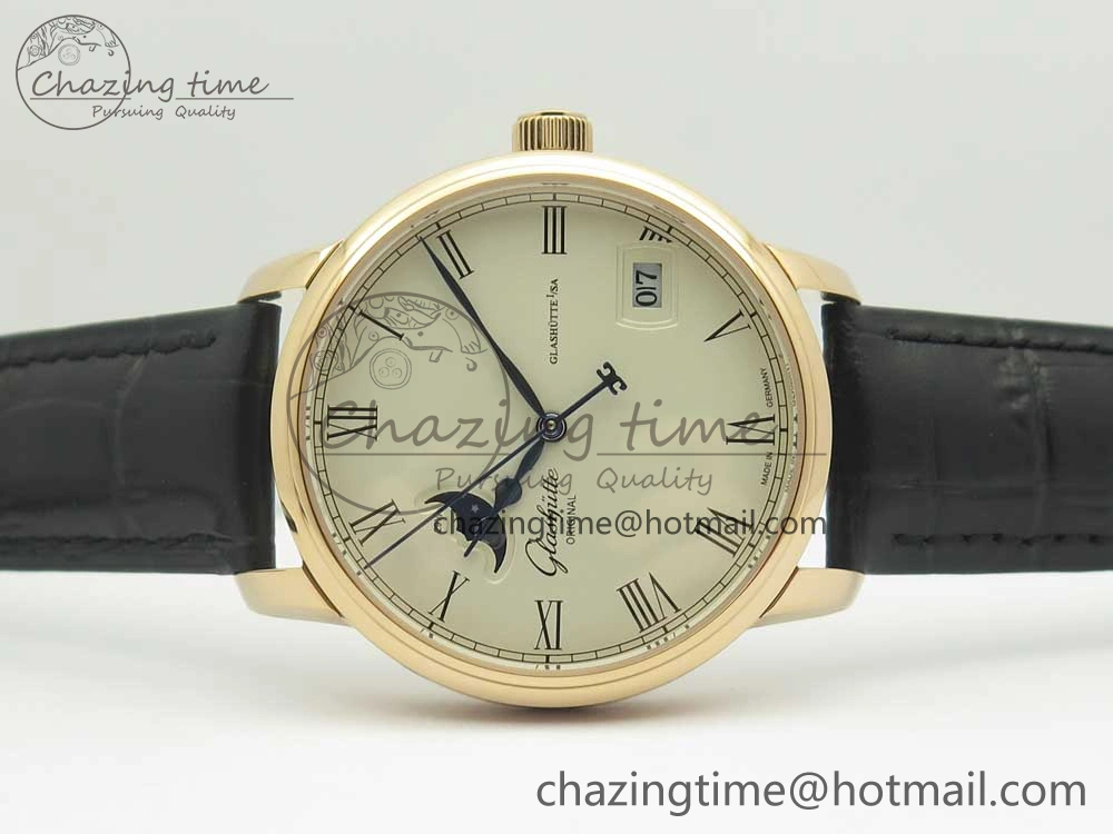 SoftTouch Excellence Panorama 40mm Date Moon Phase RG ETC Marker 1:1 Best Edition White Dial on Black Leather Strap A 6633