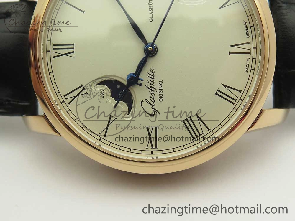 SoftTouch Excellence Panorama 40mm Date Moon Phase RG ETC Marker 1:1 Best Edition White Dial on Black Leather Strap A 6633