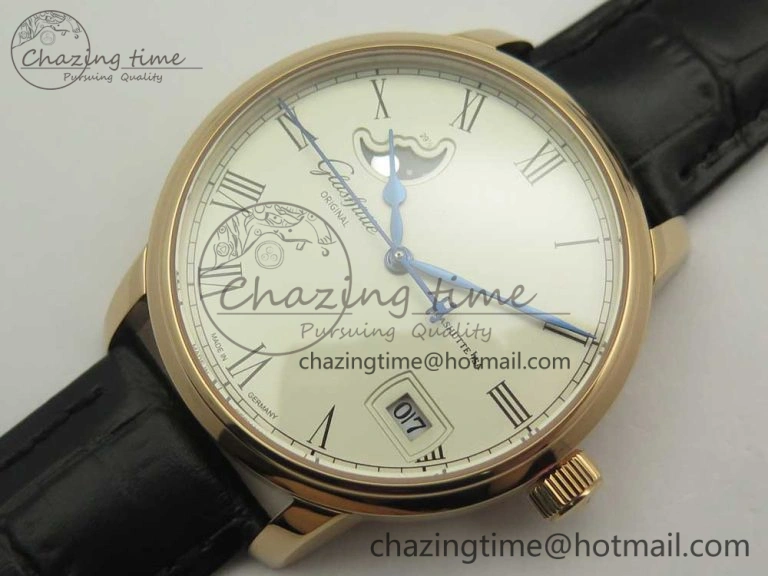 SoftTouch Excellence Panorama 40mm Date Moon Phase RG ETC Marker 1:1 Best Edition White Dial on Black Leather Strap A 6633