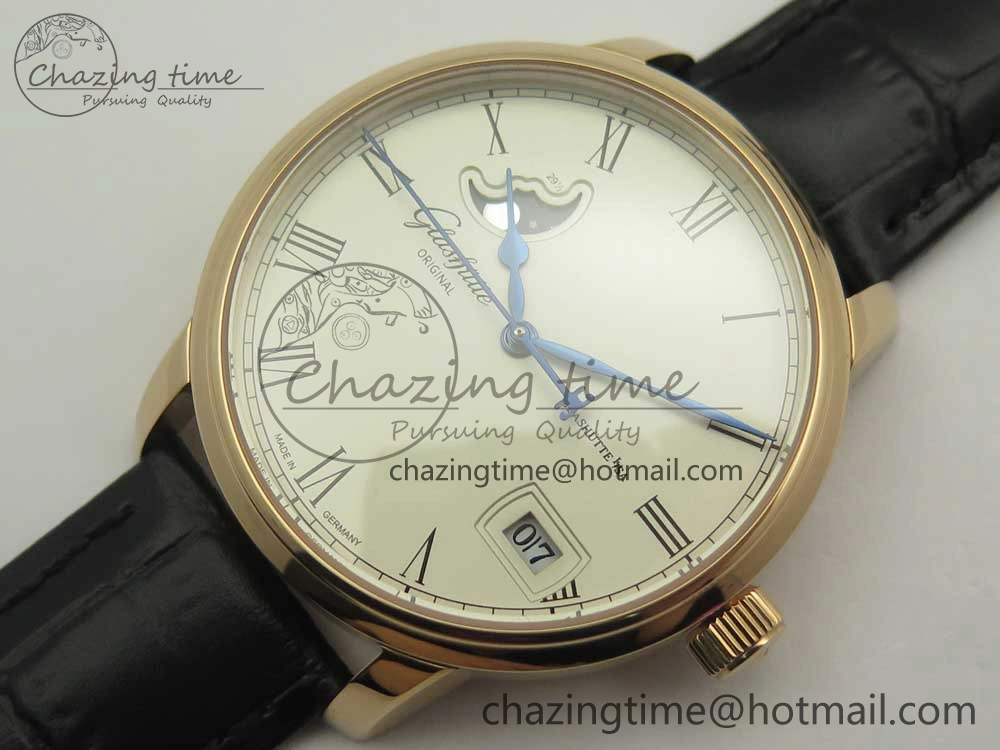 SoftTouch Excellence Panorama 40mm Date Moon Phase RG ETC Marker 1:1 Best Edition White Dial on Black Leather Strap A 6633