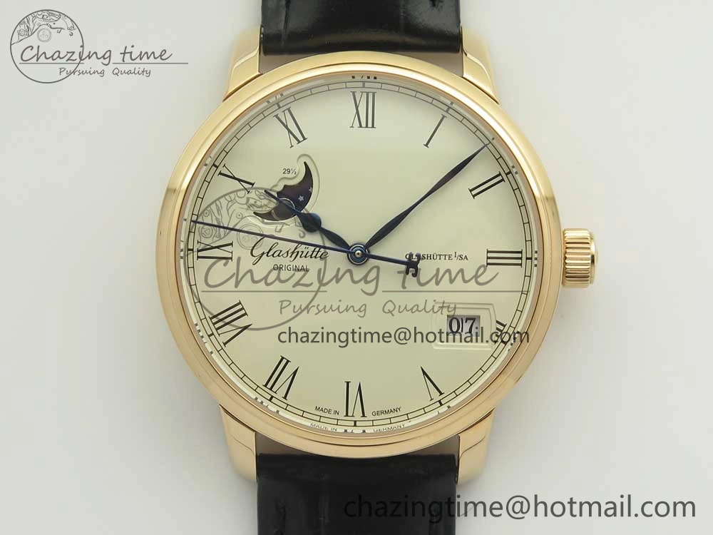 SoftTouch Excellence Panorama 40mm Date Moon Phase RG ETC Marker 1:1 Best Edition White Dial on Black Leather Strap A 6633