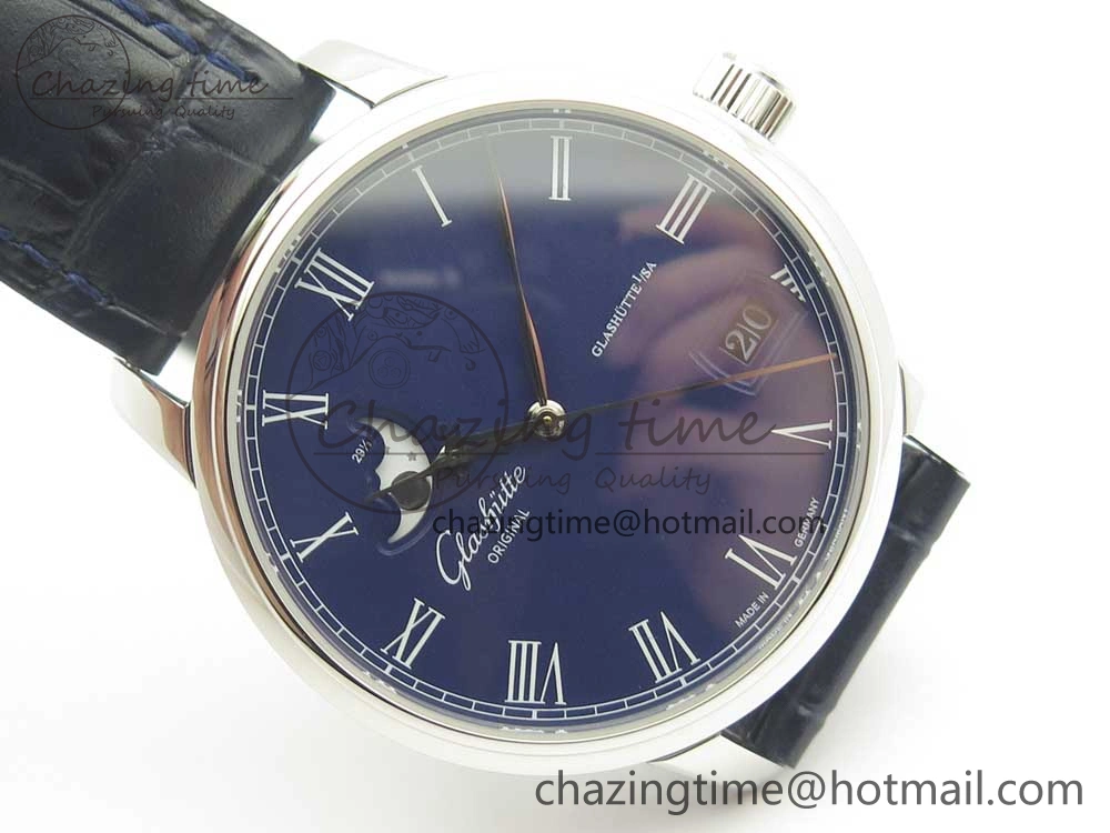 Excellence Panorama 40mm Date Moon Phase SS ETC Marker 1:1 Best Edition Blue Dial on Blue Leather Strap A SportInspired 6634