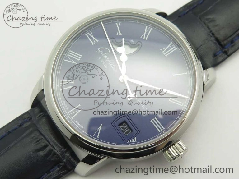 Excellence Panorama 40mm Date Moon Phase SS ETC Marker 1:1 Best Edition Blue Dial on Blue Leather Strap A SportInspired 6634