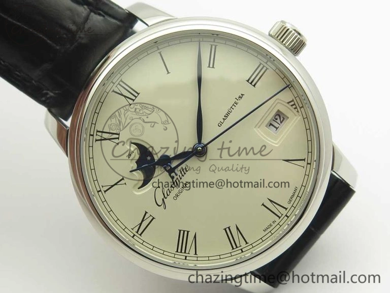 Excellence Panorama 40mm Date Moon Phase SS ETC Marker 1:1 Best Edition White Dial on Black Leather Strap A TechFriendly 6635