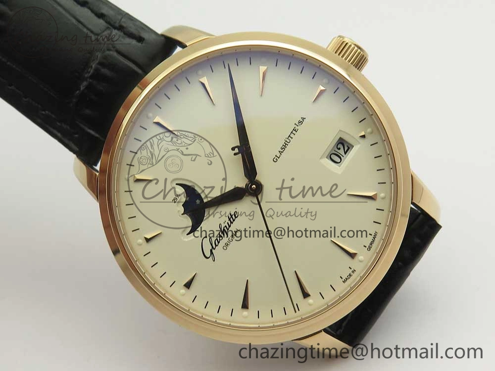 Excellence Panorama Date Moon Phase RG ETCF White Dial on Black Leather Strap A Contemporary 6631