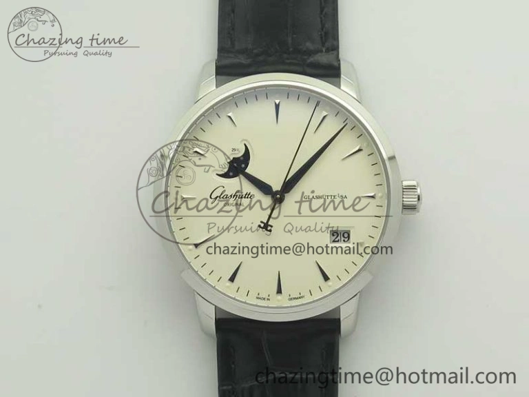 Comfortable Excellence Panorama Date Moon Phase SS ETC Marker 1:1 Best Edition White Dial on Black Leather Strap A 6644